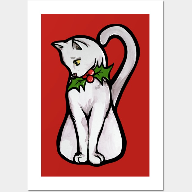 Christmas White Cat Wall Art by bubbsnugg